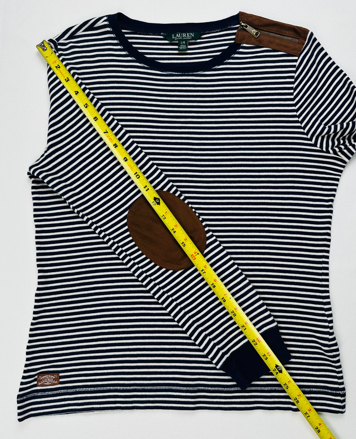 Lauren Ralph Lauren Women’s L Navy Stripe Top Suede Elbow Patch Shoulder Zip
