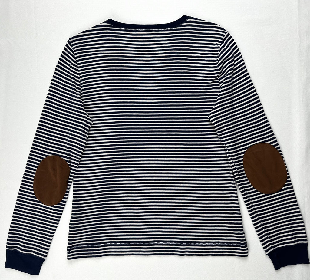 Lauren Ralph Lauren Women’s L Navy Stripe Top Suede Elbow Patch Shoulder Zip