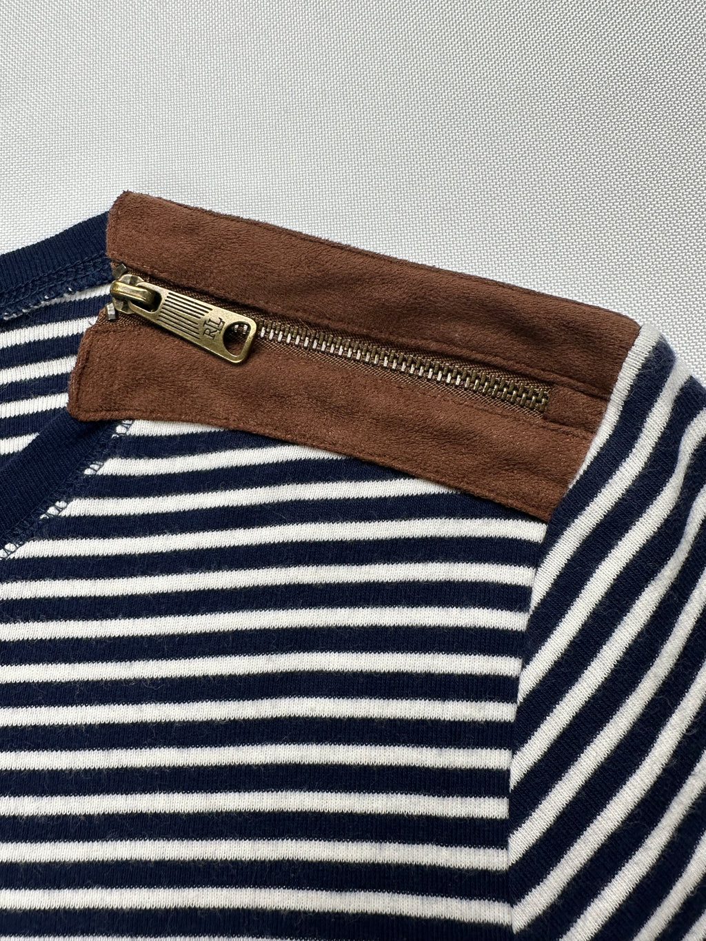 Lauren Ralph Lauren Women’s L Navy Stripe Top Suede Elbow Patch Shoulder Zip