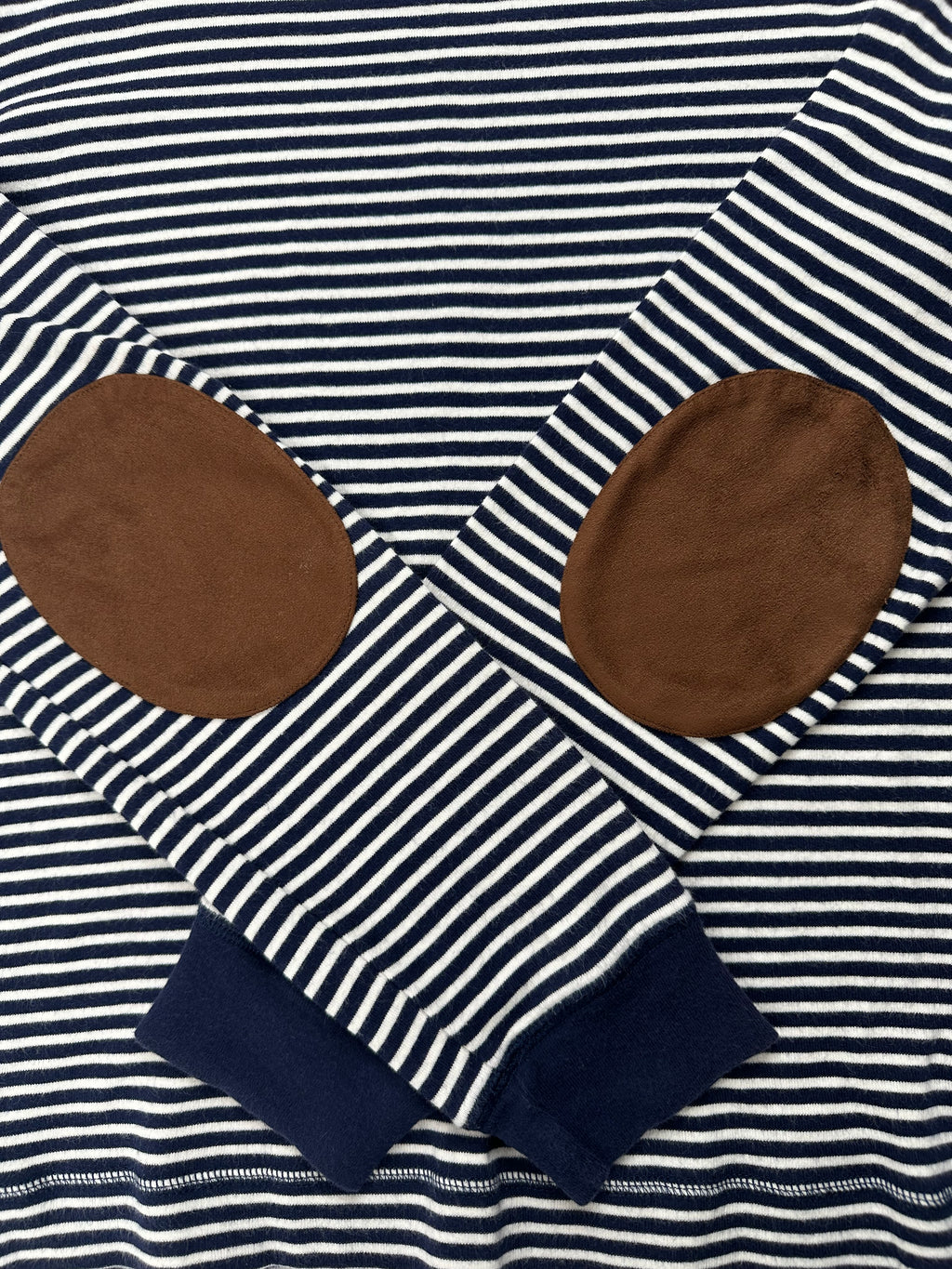 Lauren Ralph Lauren Women’s L Navy Stripe Top Suede Elbow Patch Shoulder Zip