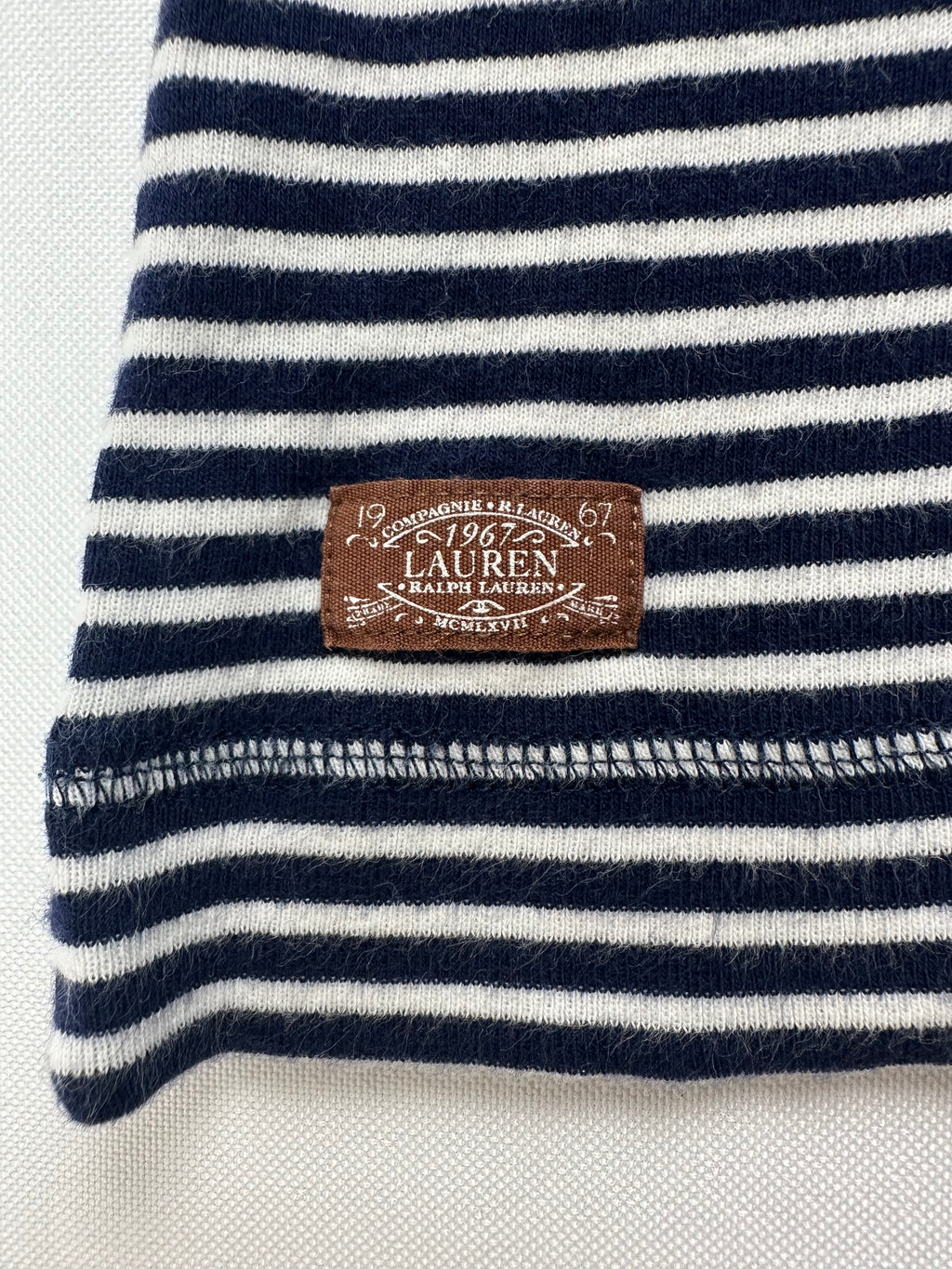 Lauren Ralph Lauren Women’s L Navy Stripe Top Suede Elbow Patch Shoulder Zip