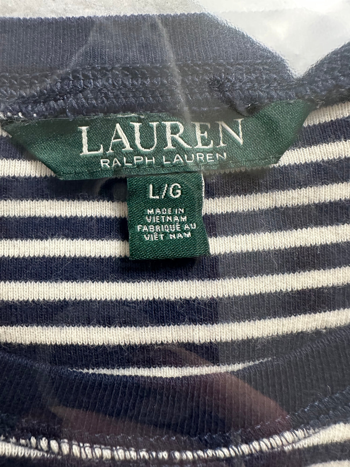 Lauren Ralph Lauren Women’s L Navy Stripe Top Suede Elbow Patch Shoulder Zip