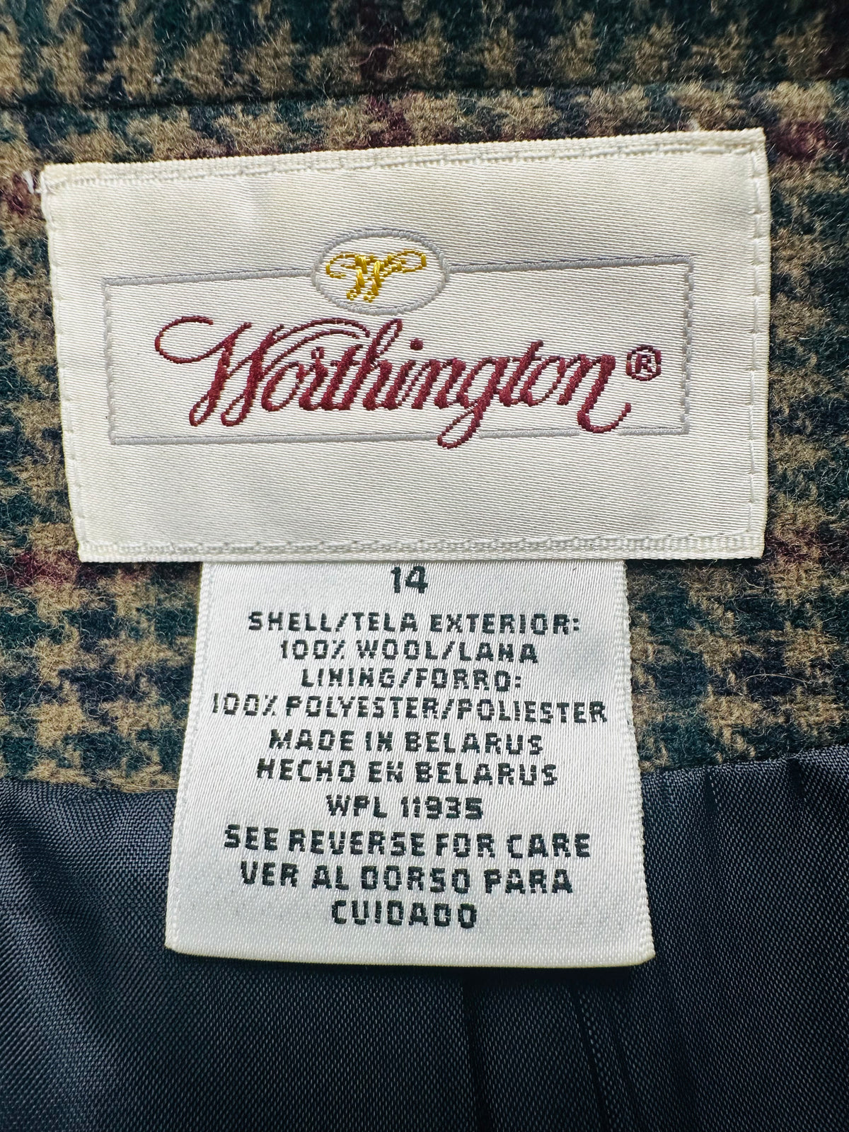 Vintage Worthington Wool Houndstooth Plaid Jacket Women’s 14 Equestrian Crest