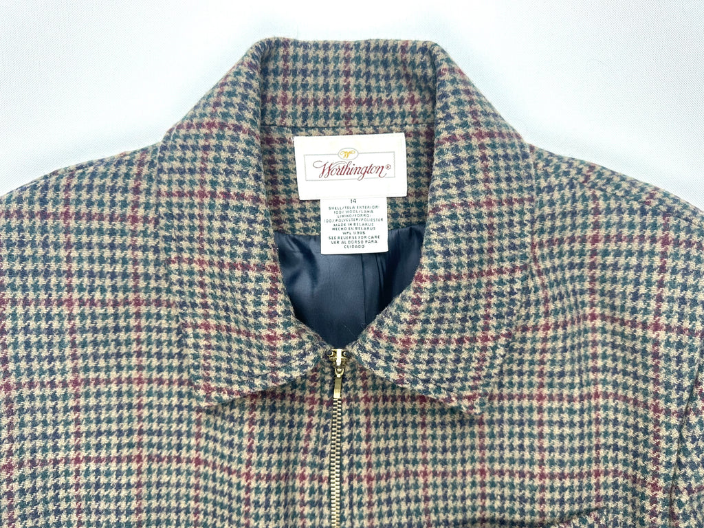 Vintage Worthington Wool Houndstooth Plaid Jacket Women’s 14 Equestrian Crest