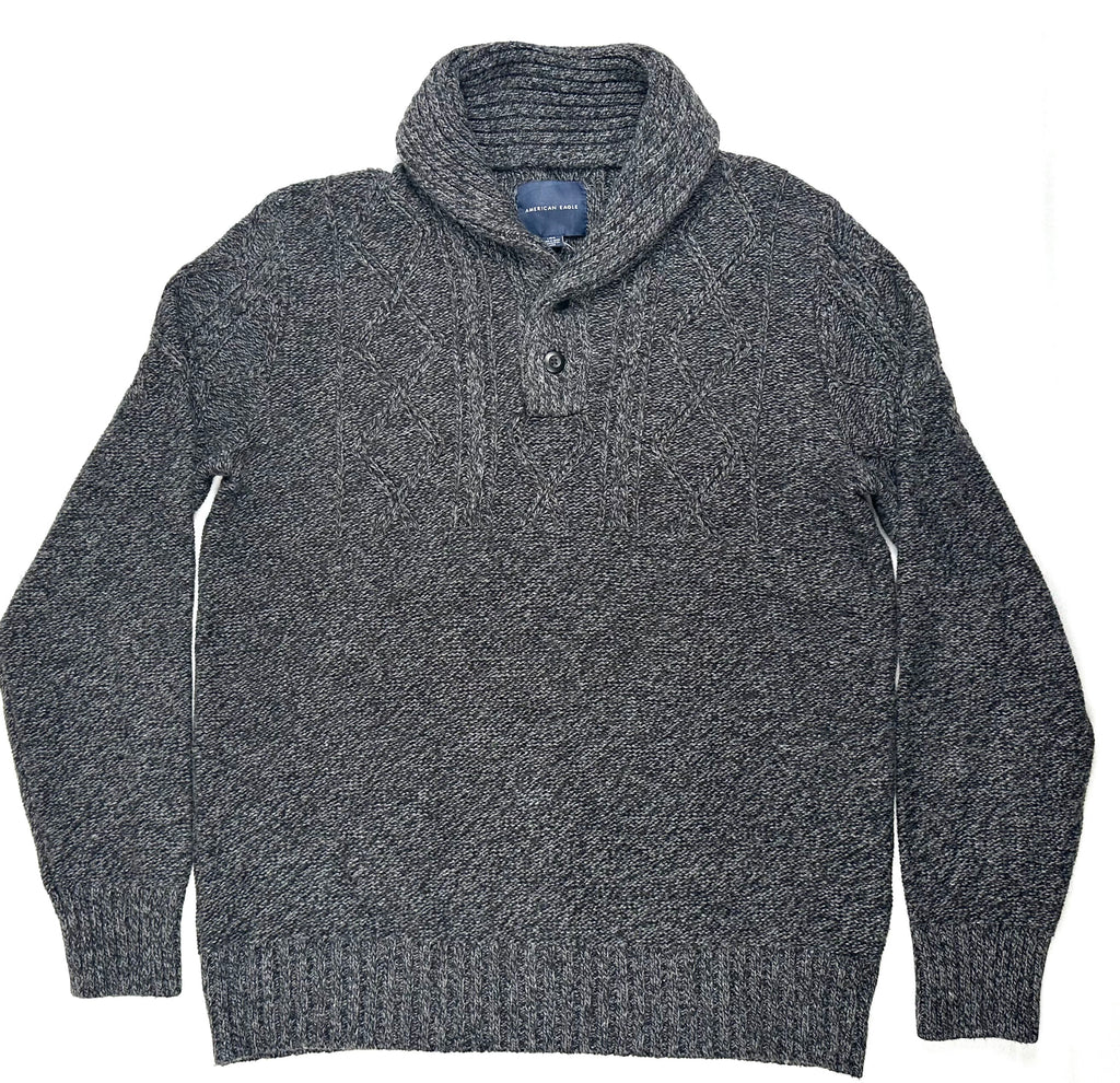 American Eagle Men’s Large Gray Marled Cable Knit Shawl Collar Sweater NWT