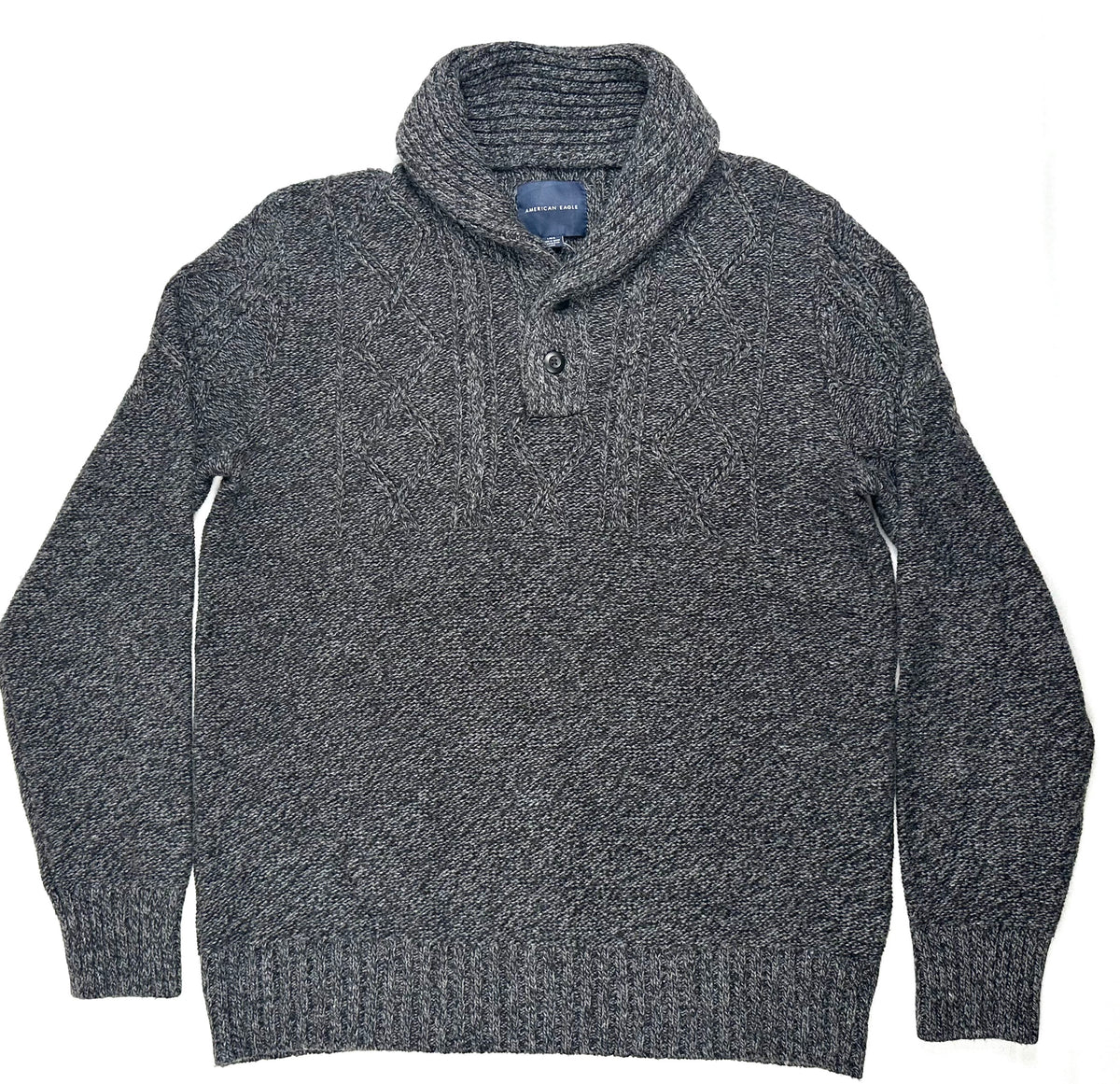 American Eagle Men’s Large Gray Marled Cable Knit Shawl Collar Sweater NWT