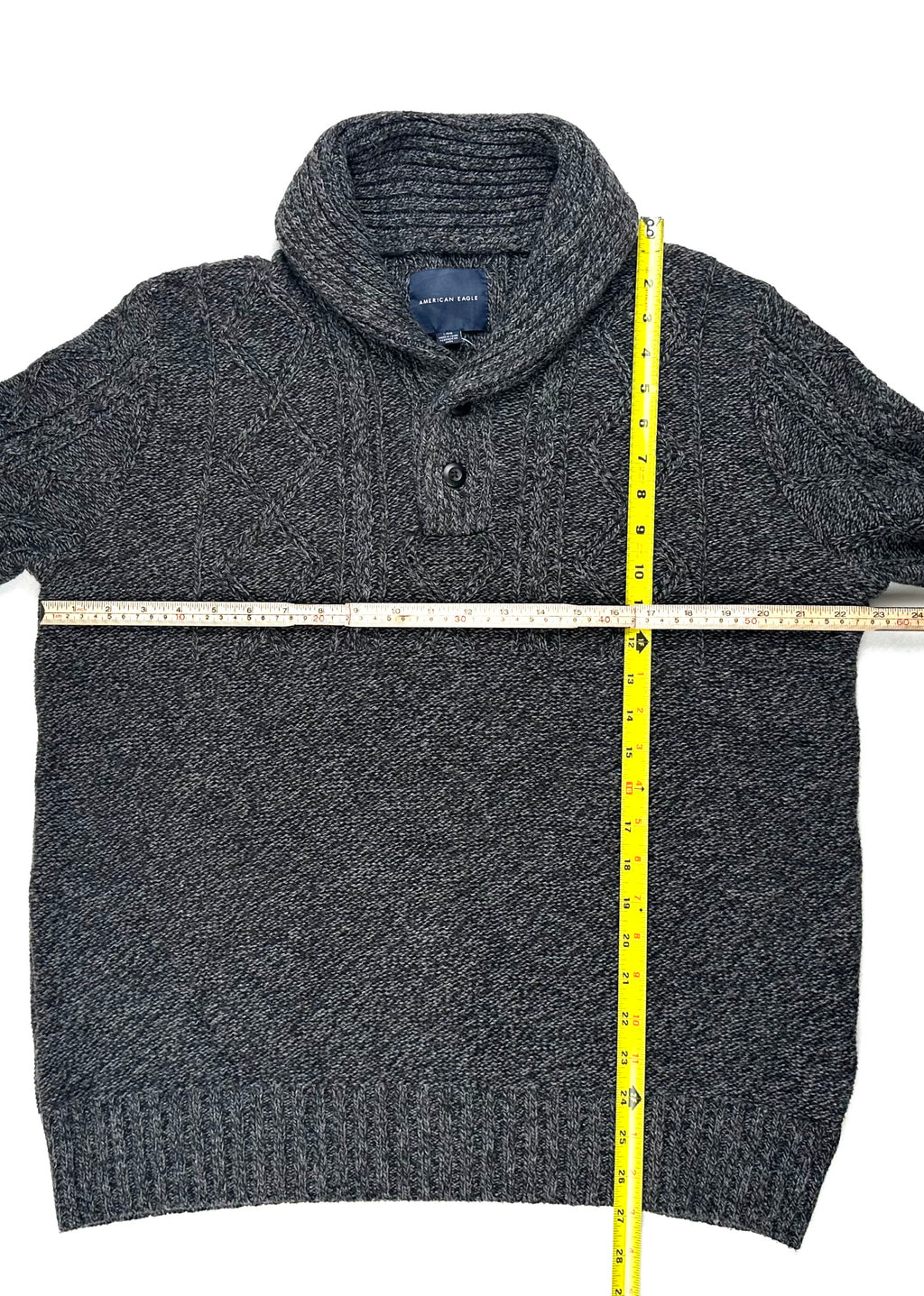 American Eagle Men’s Large Gray Marled Cable Knit Shawl Collar Sweater NWT