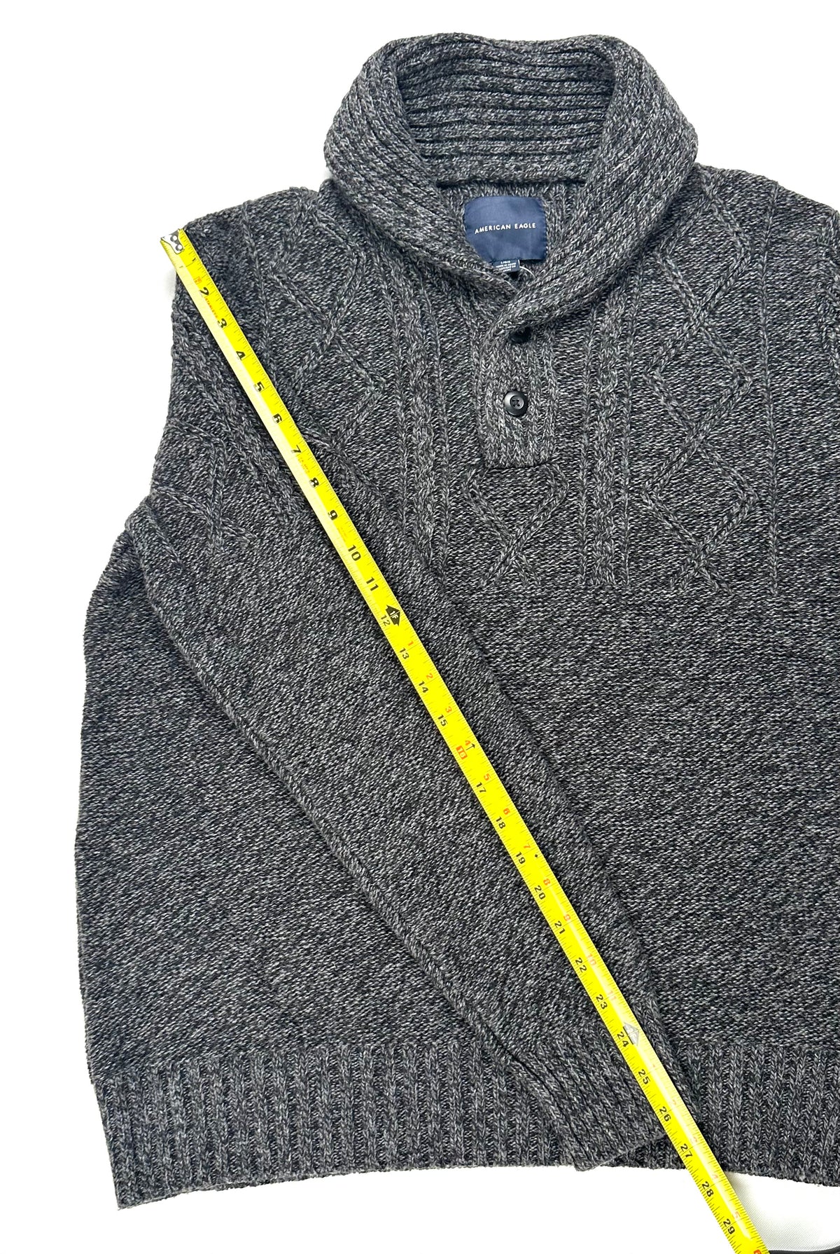 American Eagle Men’s Large Gray Marled Cable Knit Shawl Collar Sweater NWT