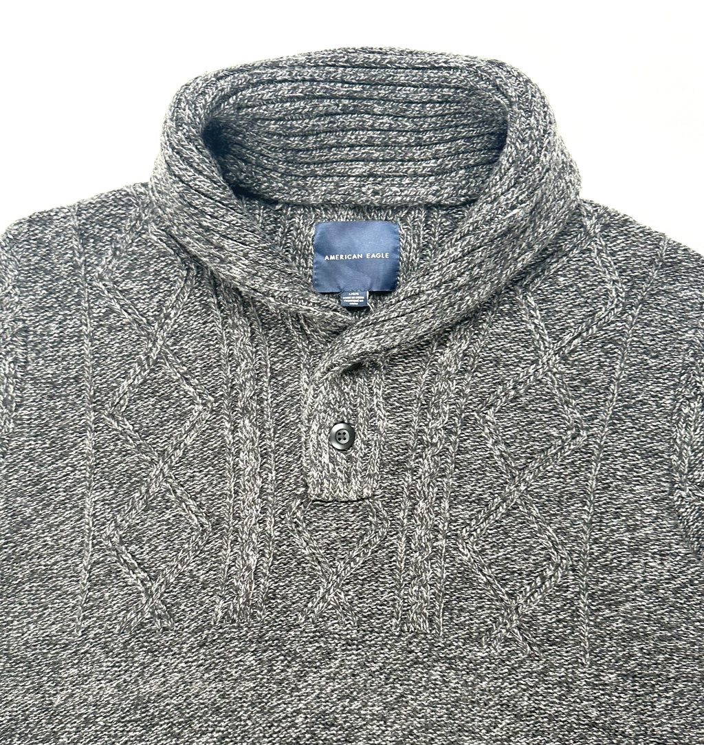 American Eagle Men’s Large Gray Marled Cable Knit Shawl Collar Sweater NWT