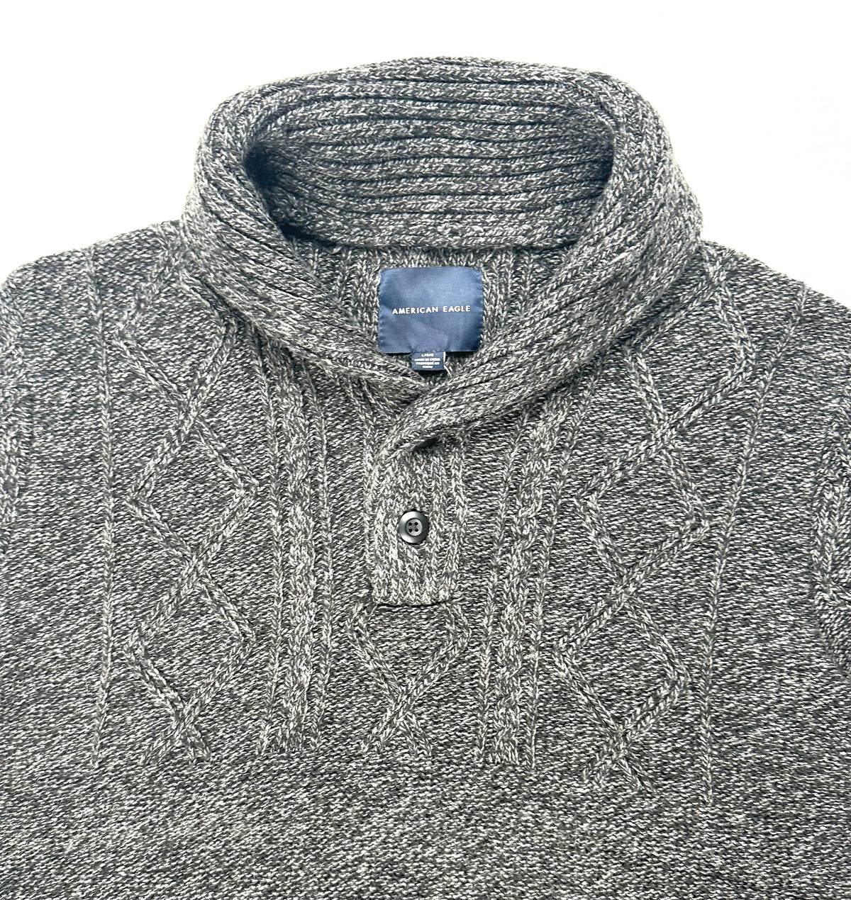 American Eagle Men’s Large Gray Marled Cable Knit Shawl Collar Sweater NWT