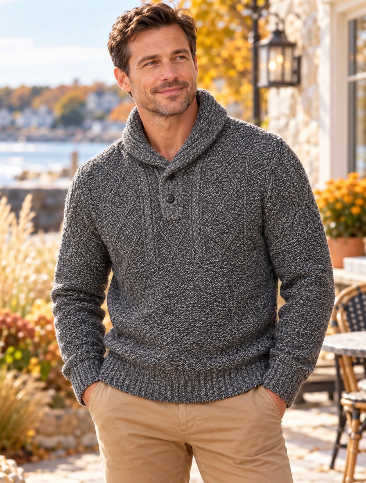 American Eagle Men’s Large Gray Marled Cable Knit Shawl Collar Sweater NWT