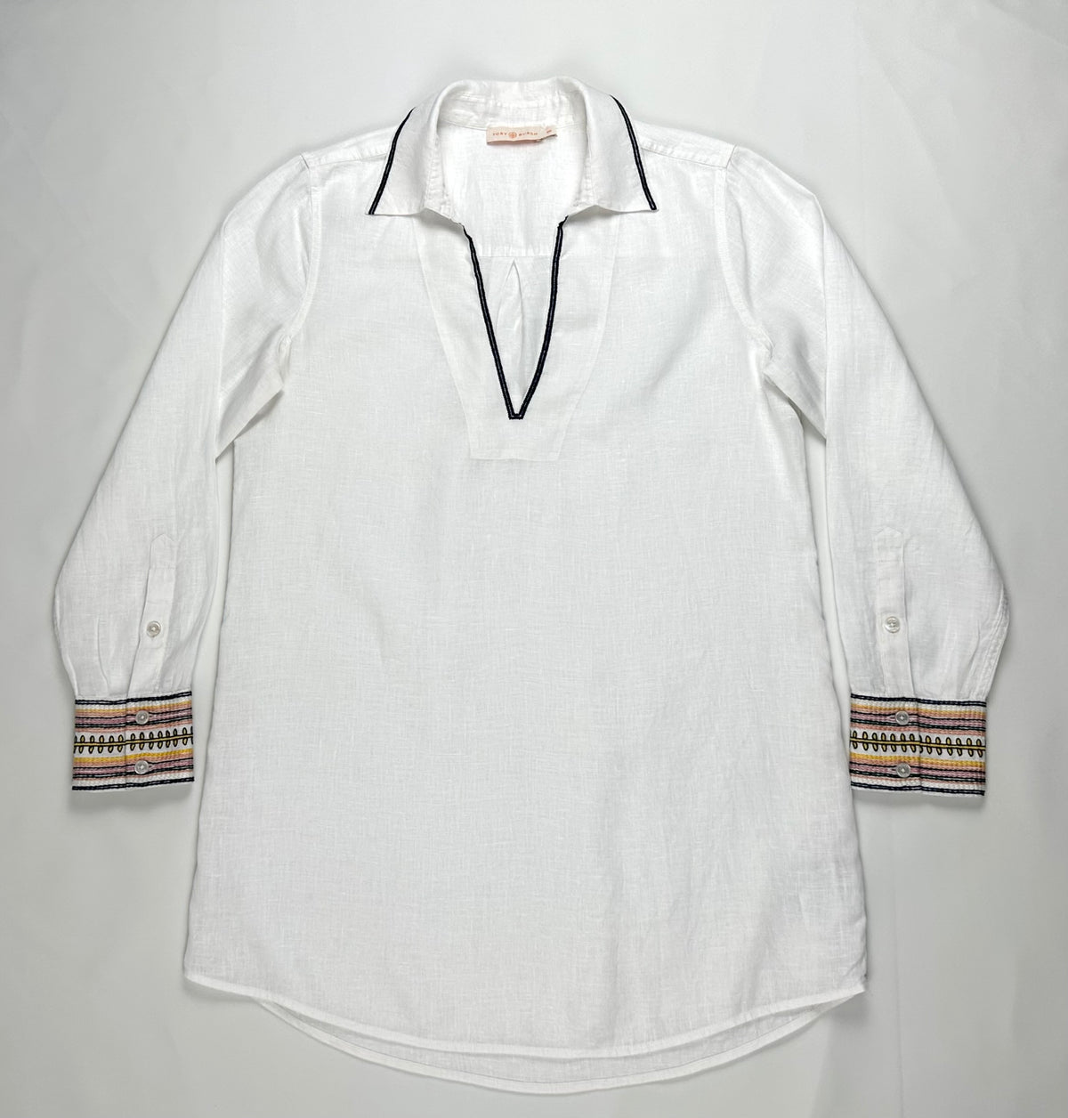 Tory Burch Women’s M White Linen Bee Embroidered Cuff Tunic Beach Cover Up