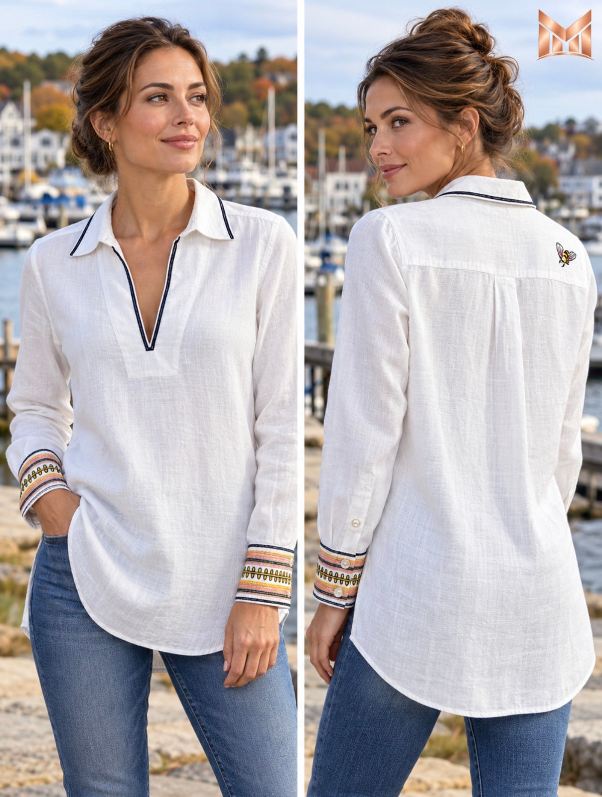 Tory Burch Women’s M White Linen Bee Embroidered Cuff Tunic Beach Cover Up