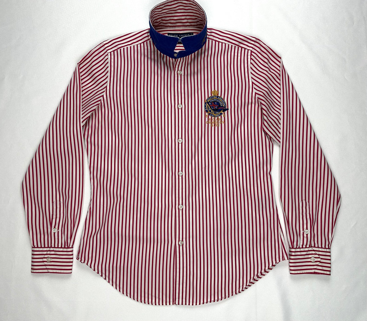 Ralph Lauren Yachting Crest Shirt Women’s 12 Red Stripe Blue Embroidered Collar