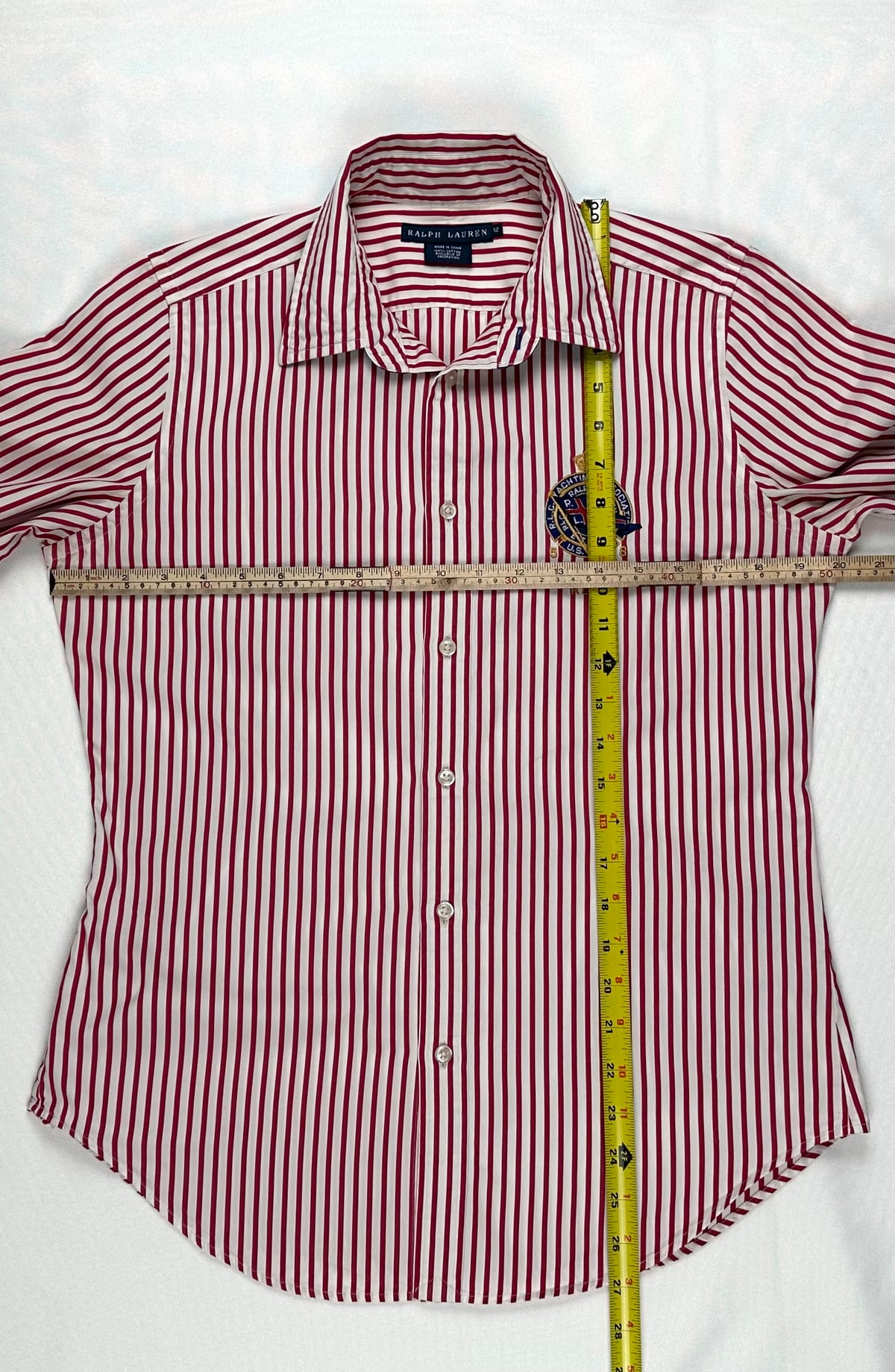 Ralph Lauren Yachting Crest Shirt Women’s 12 Red Stripe Blue Embroidered Collar