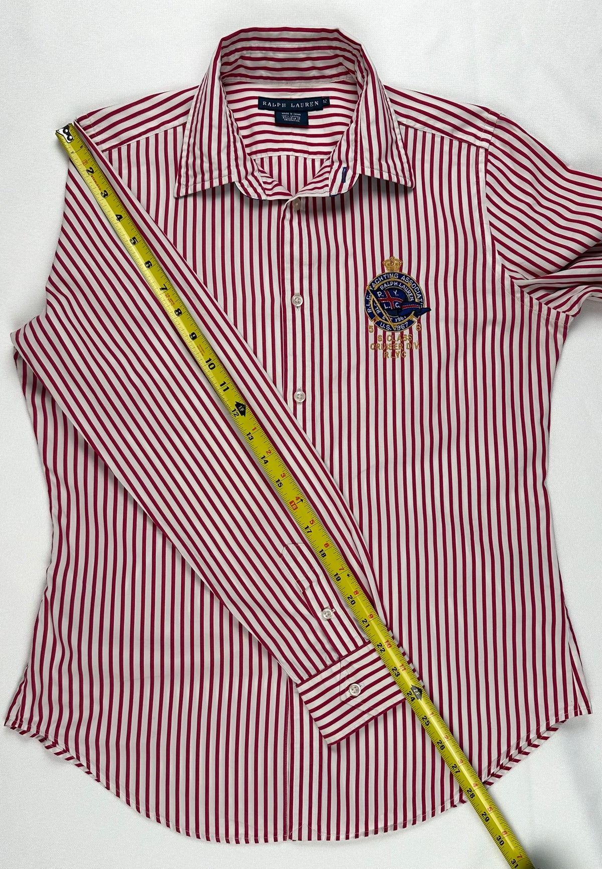 Ralph Lauren Yachting Crest Shirt Women’s 12 Red Stripe Blue Embroidered Collar