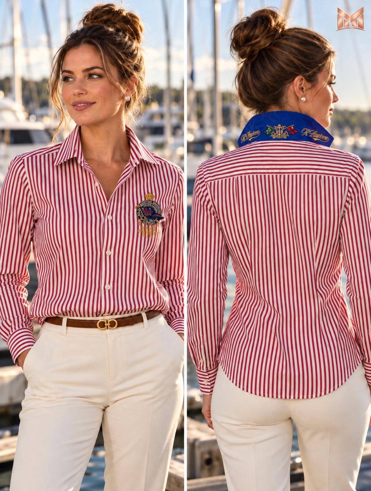 Ralph Lauren Yachting Crest Shirt Women’s 12 Red Stripe Blue Embroidered Collar
