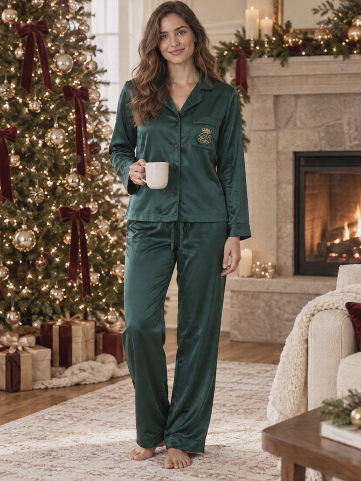 Lauren Ralph Lauren Women’s Small Green Satin Pajama Set Crown Crest Loungewear